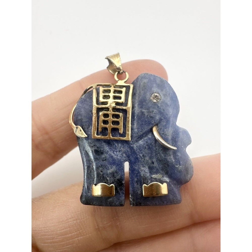 Vintage Blue Stone Carved Elephant Pendant Gold Tone